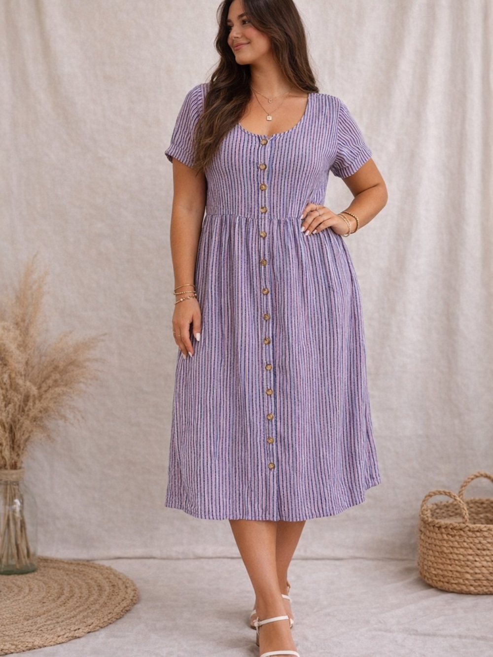 Woman Within Striped Midi Dress Cotton Button Front Short Sleeve Pockets 26W